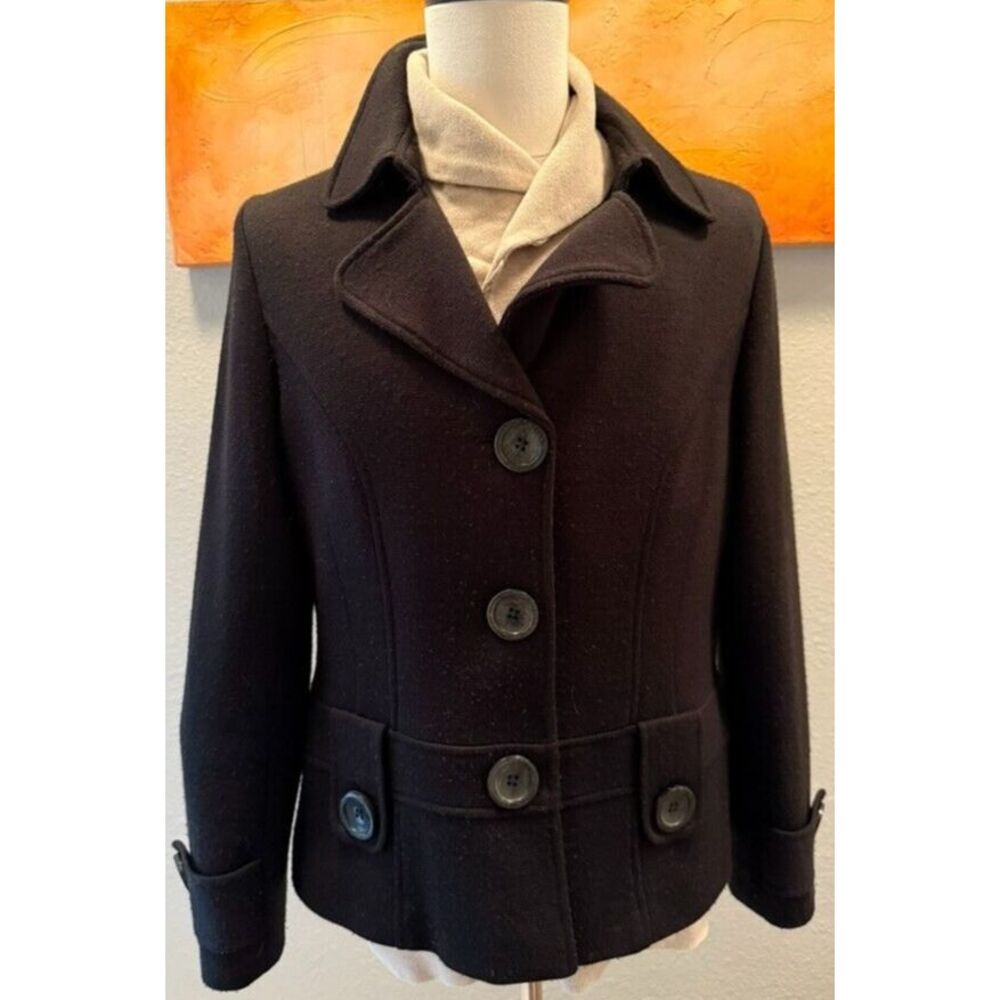 Harold Powell Ladies Black XL Wool Blend Button Front Collared Coat Faux Pockets